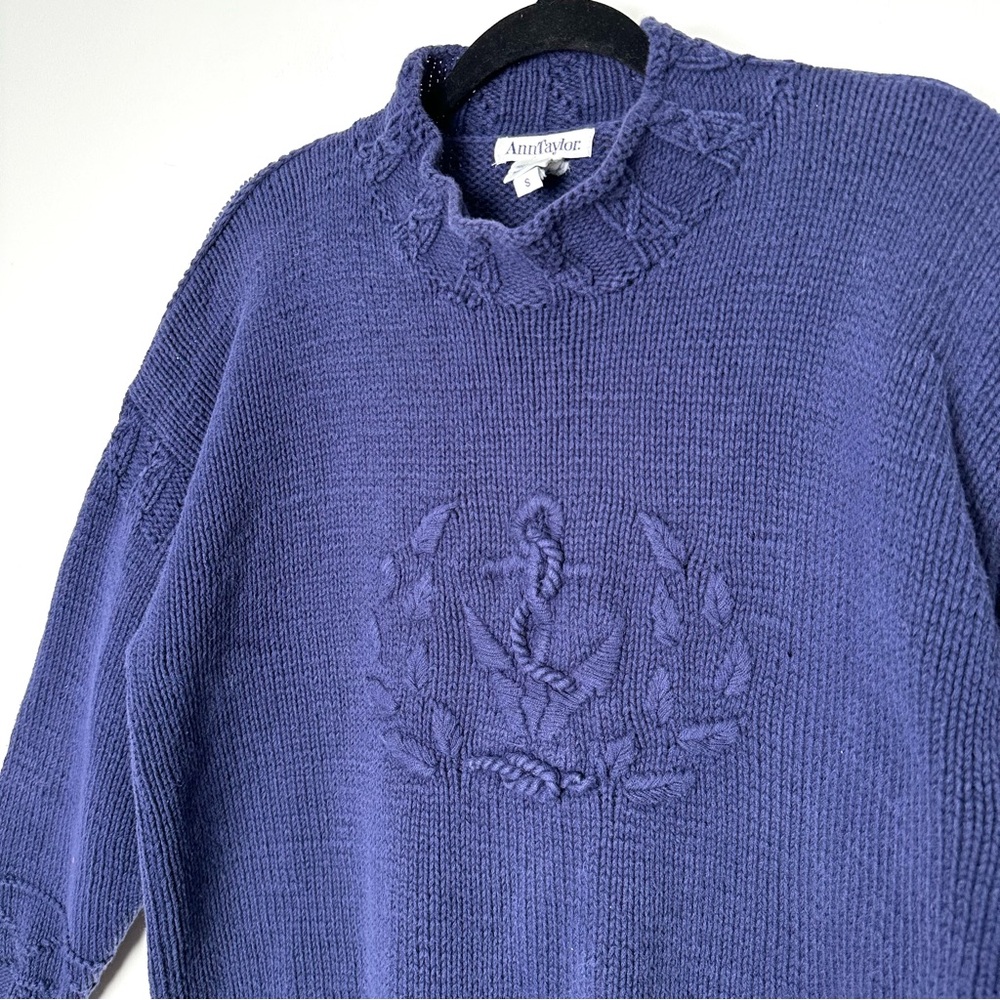 Vintage Ann Taylor Nautical Navy Old Money Preppy Embroidered Anchor Sweater - Picture 4 of 11